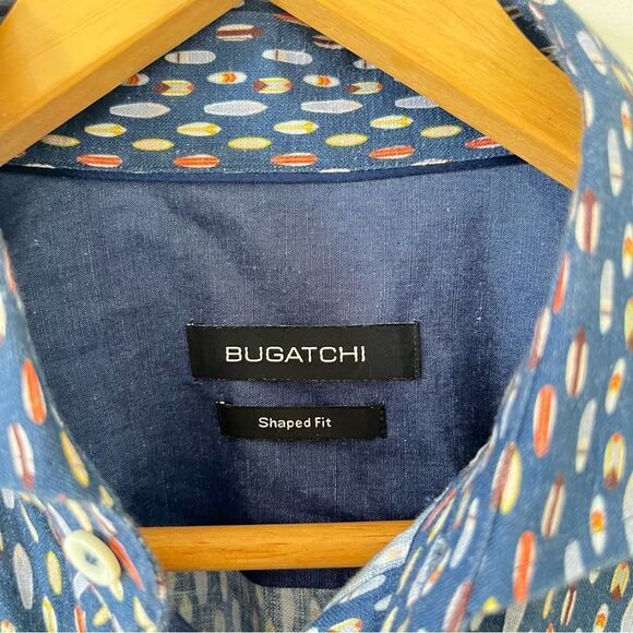 Bugatchi Navy Surfboard Pattern Linen Long Sleeve Button Down Shirt‎ - Picture 6 of 7